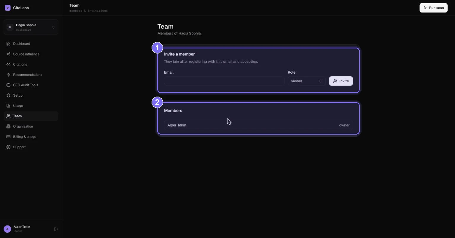 Team, white-label & privacy — Team members & invitations.
