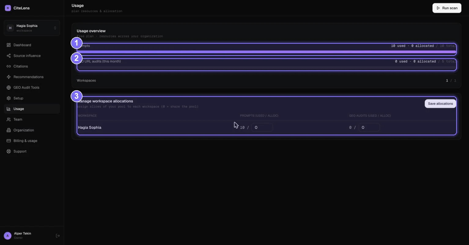 Billing & usage — Usage & workspace allocation.
